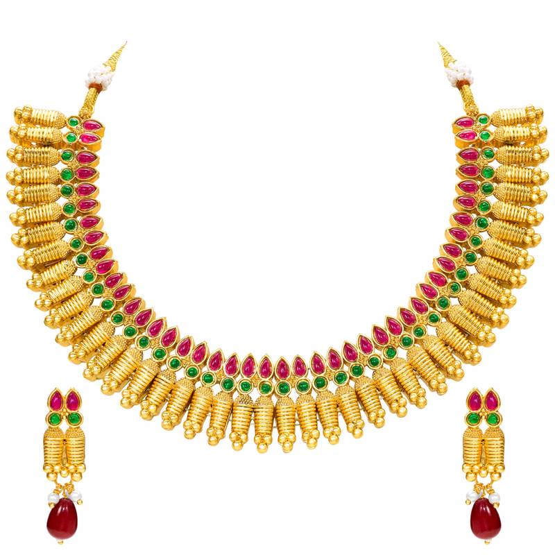 Women's faux ruby faux emerald studded necklace earrings set jewelry for
