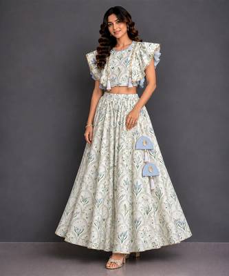 Off White Blue Printed Cotton Silk Lehenga Set 1