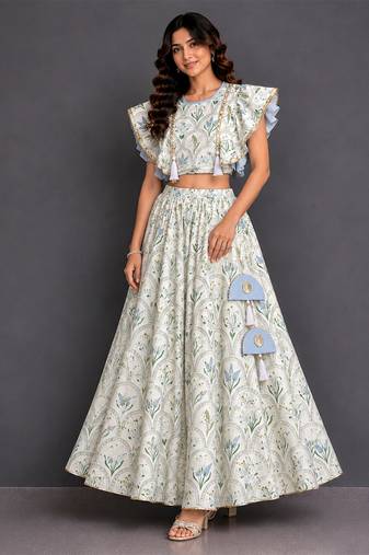 Off White Blue Printed Cotton Silk Lehenga Set
