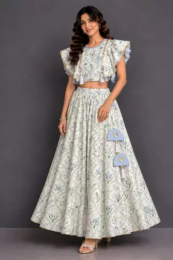 Off White Blue Printed Cotton Silk Lehenga Set