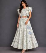 Off White Blue Printed Cotton Silk Lehenga Set