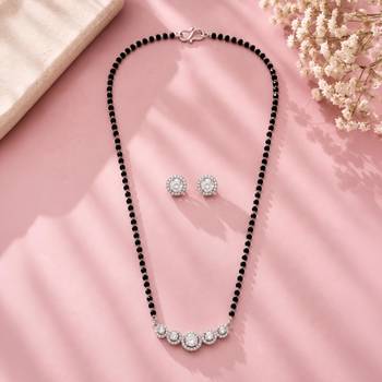 Women's brass silver toned five round mangalsutra & stud earring set 2