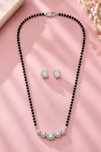 Women's brass silver toned five round mangalsutra & stud earring set