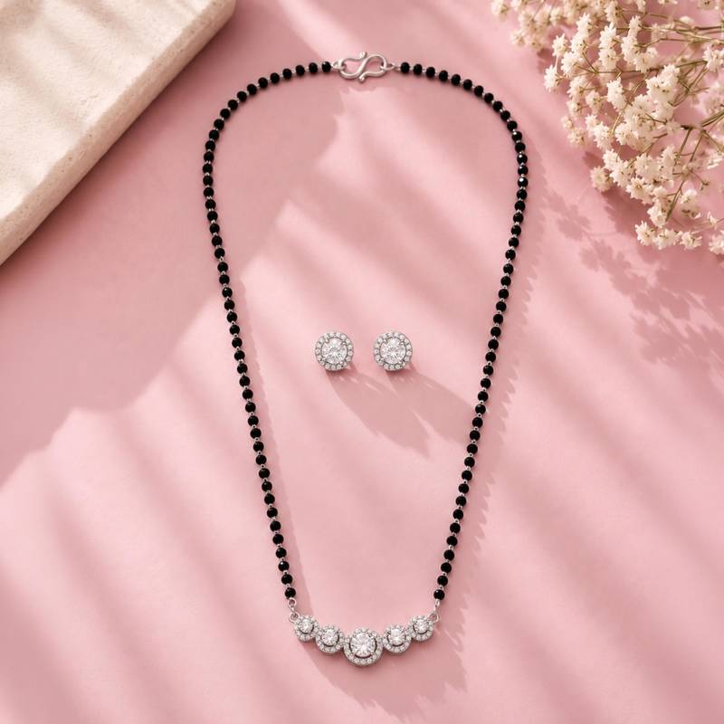 Women's brass silver toned five round mangalsutra & stud earring set