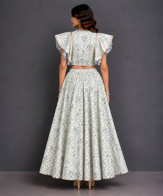 Off White Blue Printed Cotton Silk Lehenga Set 2