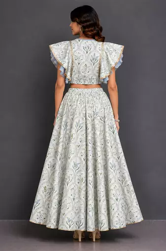 Off White Blue Printed Cotton Silk Lehenga Set