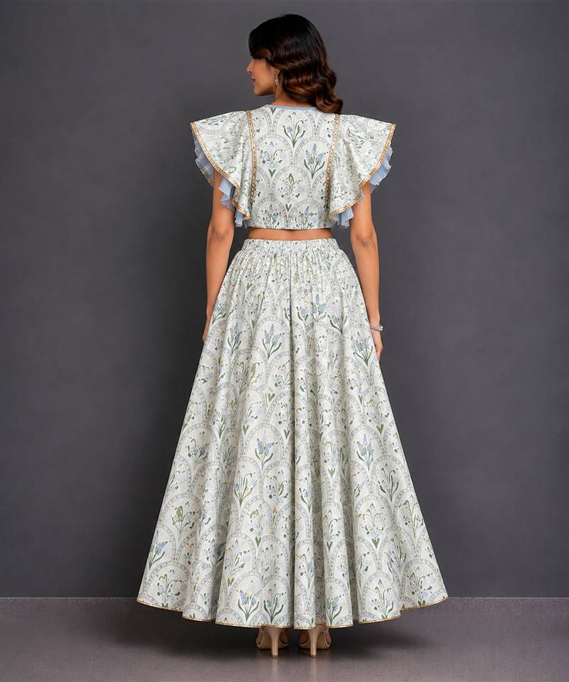 Off White Blue Printed Cotton Silk Lehenga Set