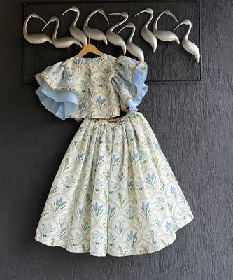 Off White Blue Printed Cotton Silk Lehenga Set 3