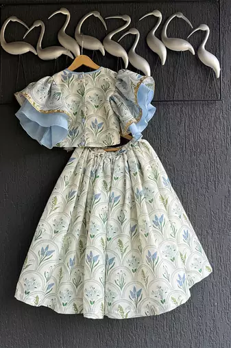 Off White Blue Printed Cotton Silk Lehenga Set