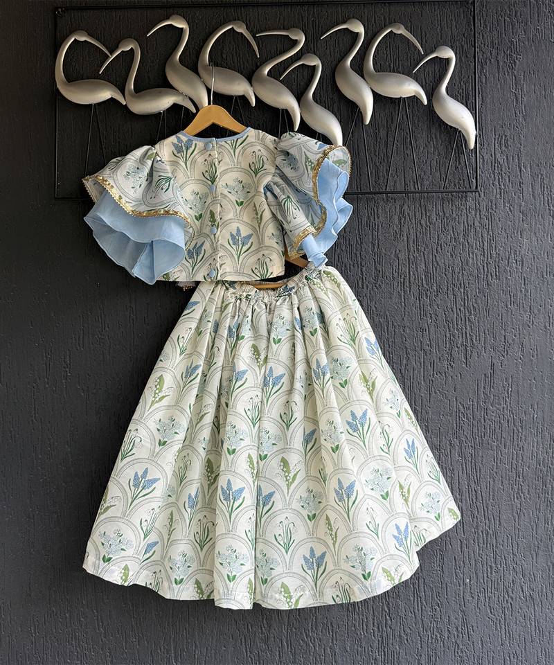 Off White Blue Printed Cotton Silk Lehenga Set