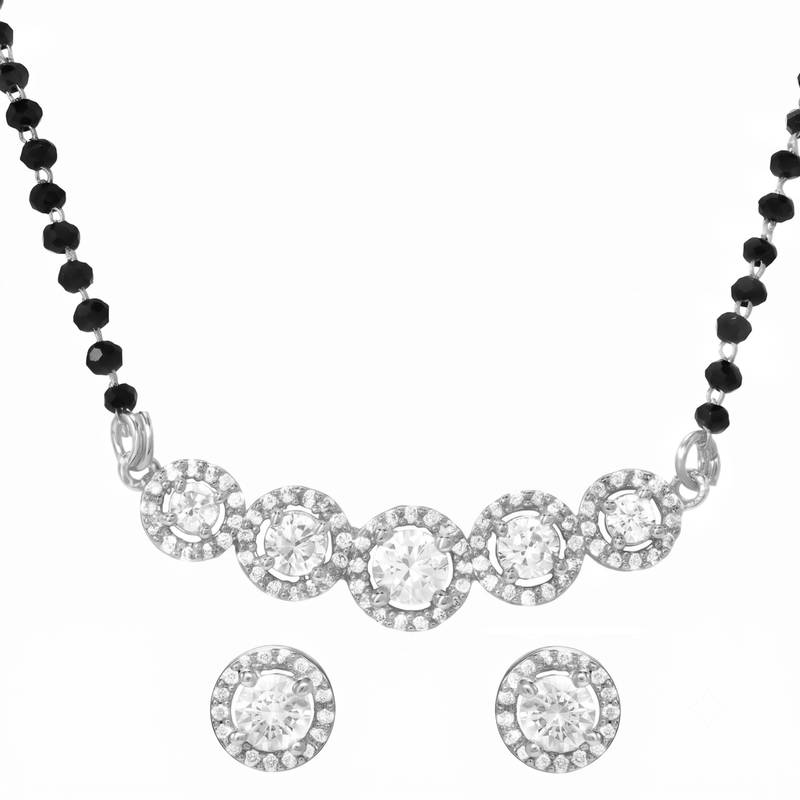 Women's brass silver toned five round mangalsutra & stud earring set