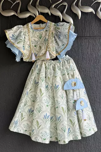 Off White Blue Printed Cotton Silk Lehenga Set