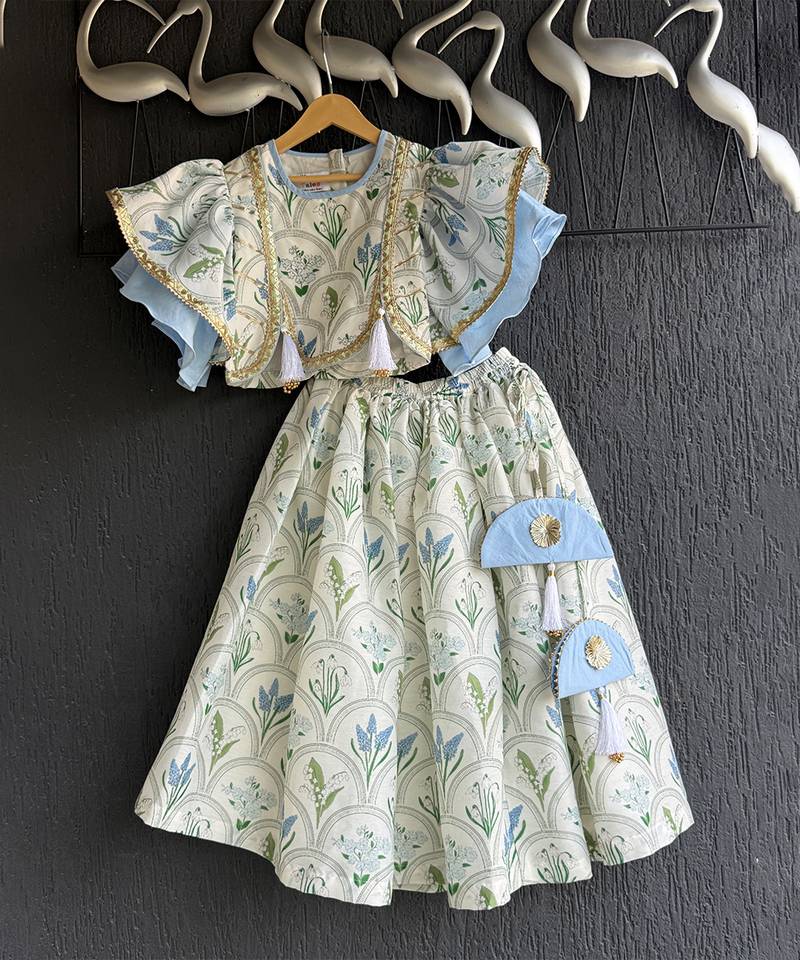 Off White Blue Printed Cotton Silk Lehenga Set