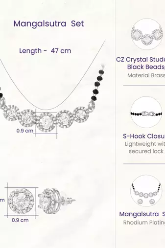 Women's brass silver toned five round mangalsutra & stud earring set
