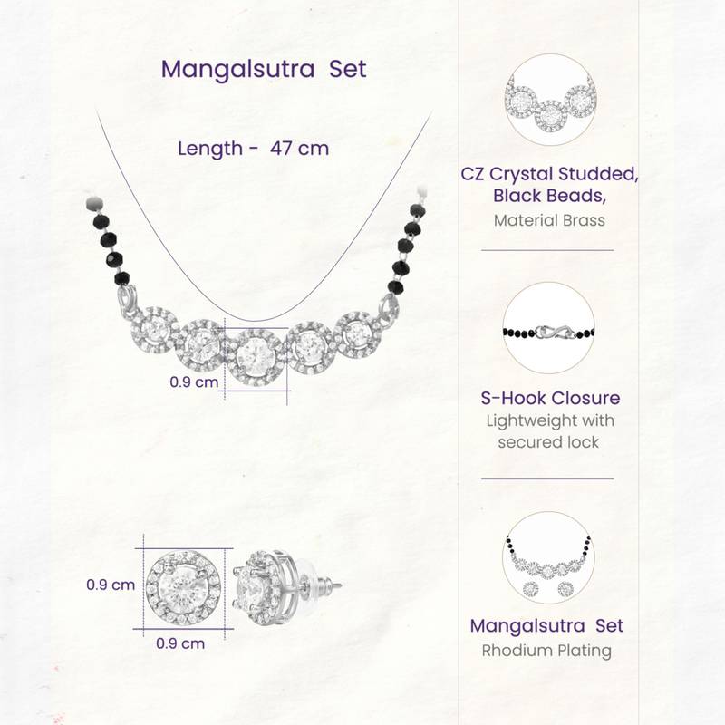 Women's brass silver toned five round mangalsutra & stud earring set