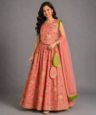 Peach Printed Cotton Silk Lehenga Set 1