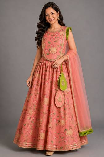 Peach Printed Cotton Silk Lehenga Set