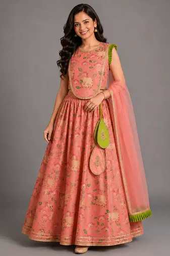 Peach Printed Cotton Silk Lehenga Set