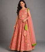 Peach Printed Cotton Silk Lehenga Set