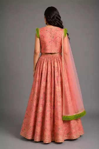 Peach Printed Cotton Silk Lehenga Set