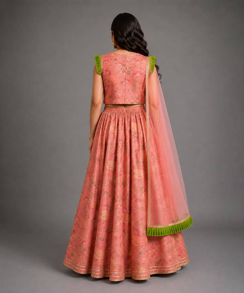 Peach Printed Cotton Silk Lehenga Set