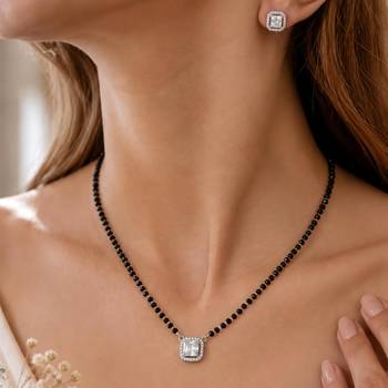 Women's silver toned square solitaire mangalsutra & stud earring  set 1