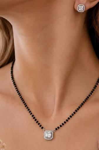 Women's silver toned square solitaire mangalsutra & stud earring  set