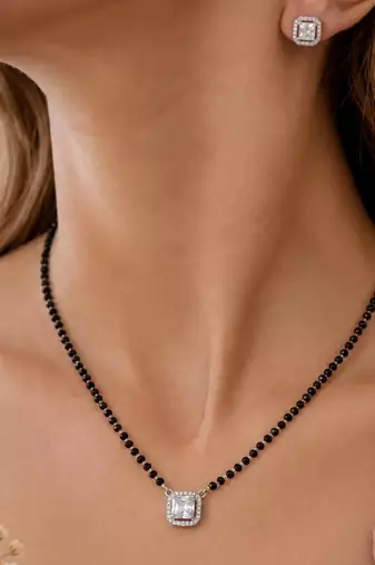 Women's silver toned square solitaire mangalsutra & stud earring  set