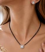 Women's silver toned square solitaire mangalsutra & stud earring  set