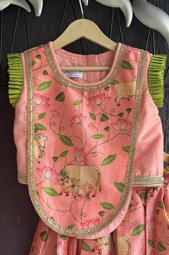 Peach Printed Cotton Silk Lehenga Set