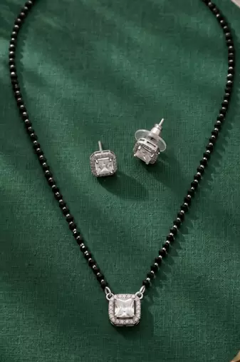 Women's silver toned square solitaire mangalsutra & stud earring  set