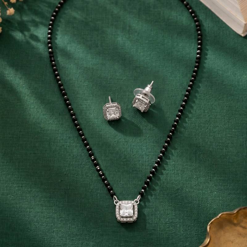 Women's silver toned square solitaire mangalsutra & stud earring  set