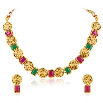 Women's rani pink green synthetic stone studded necklace drop earrings 1