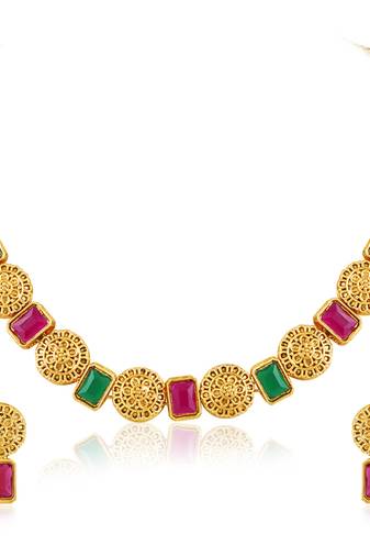 Women's rani pink green synthetic stone studded necklace drop earrings