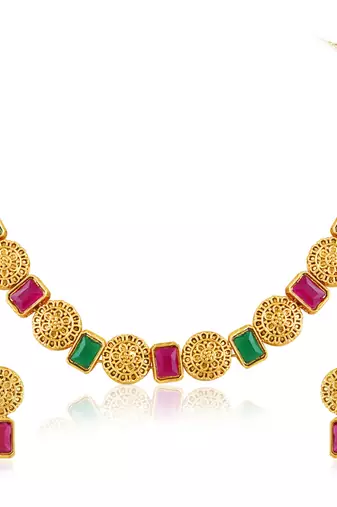 Women's rani pink green synthetic stone studded necklace drop earrings