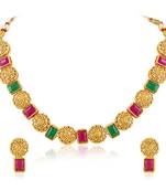Women's rani pink green synthetic stone studded necklace drop earrings