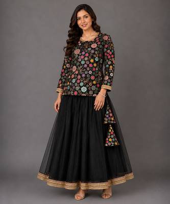 Black Embroidered Cotton Silk Lehenga Set 1