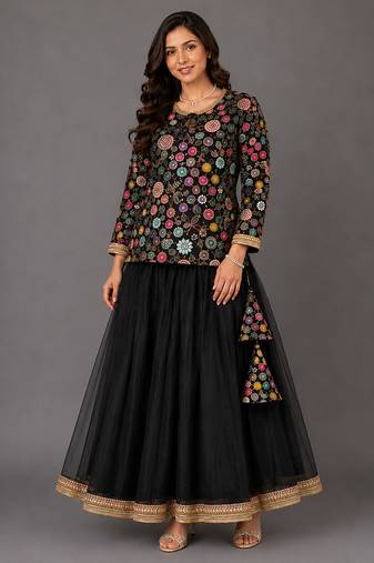 Black Embroidered Cotton Silk Lehenga Set