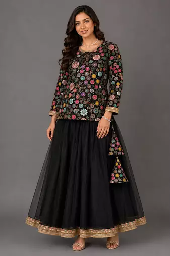 Black Embroidered Cotton Silk Lehenga Set