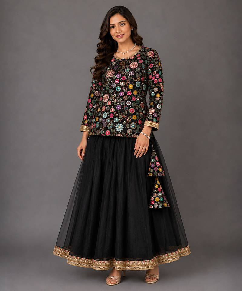 Black Embroidered Cotton Silk Lehenga Set