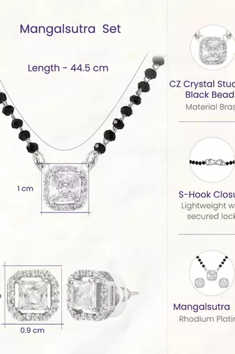 Women's silver toned square solitaire mangalsutra & stud earring  set