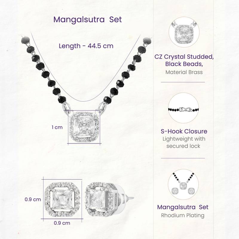 Women's silver toned square solitaire mangalsutra & stud earring  set