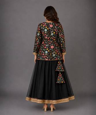 Black Embroidered Cotton Silk Lehenga Set 2