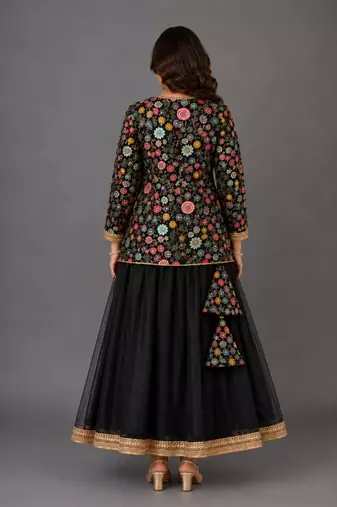Black Embroidered Cotton Silk Lehenga Set