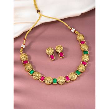 Women's rani pink green synthetic stone studded necklace drop earrings 2