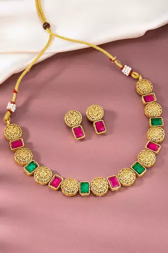 Women's rani pink green synthetic stone studded necklace drop earrings