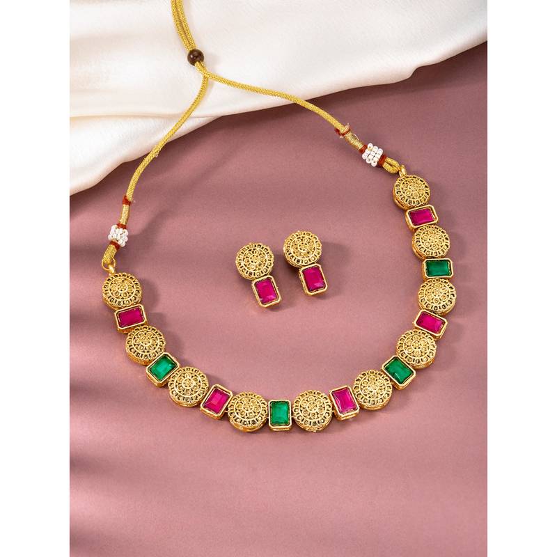 Women's rani pink green synthetic stone studded necklace drop earrings