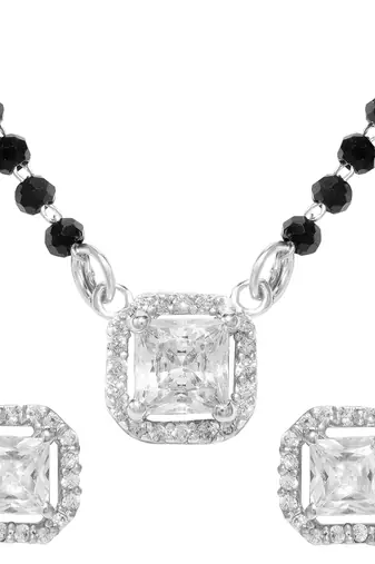 Women's silver toned square solitaire mangalsutra & stud earring  set