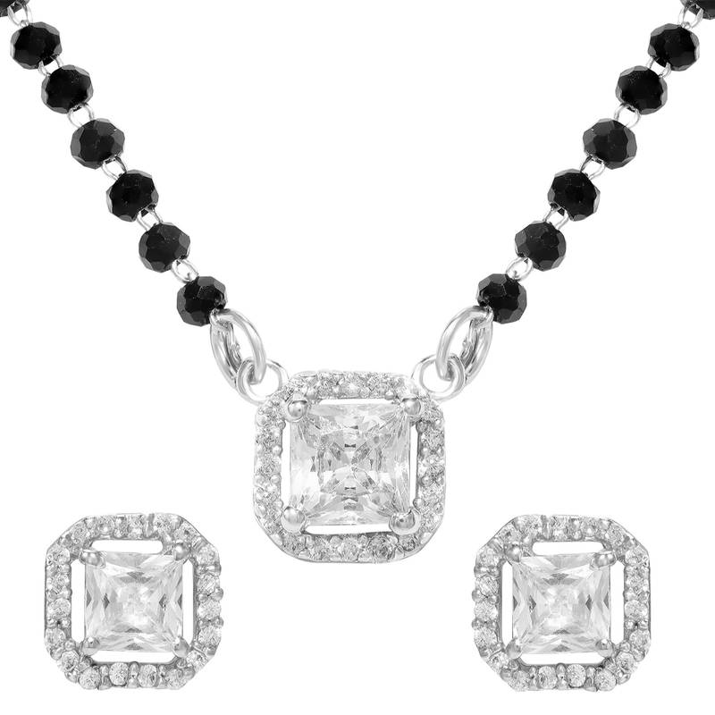 Women's silver toned square solitaire mangalsutra & stud earring  set