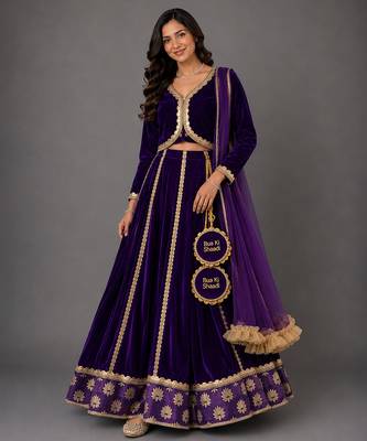 Purple Embroidered Velvet Lehenga Set 1